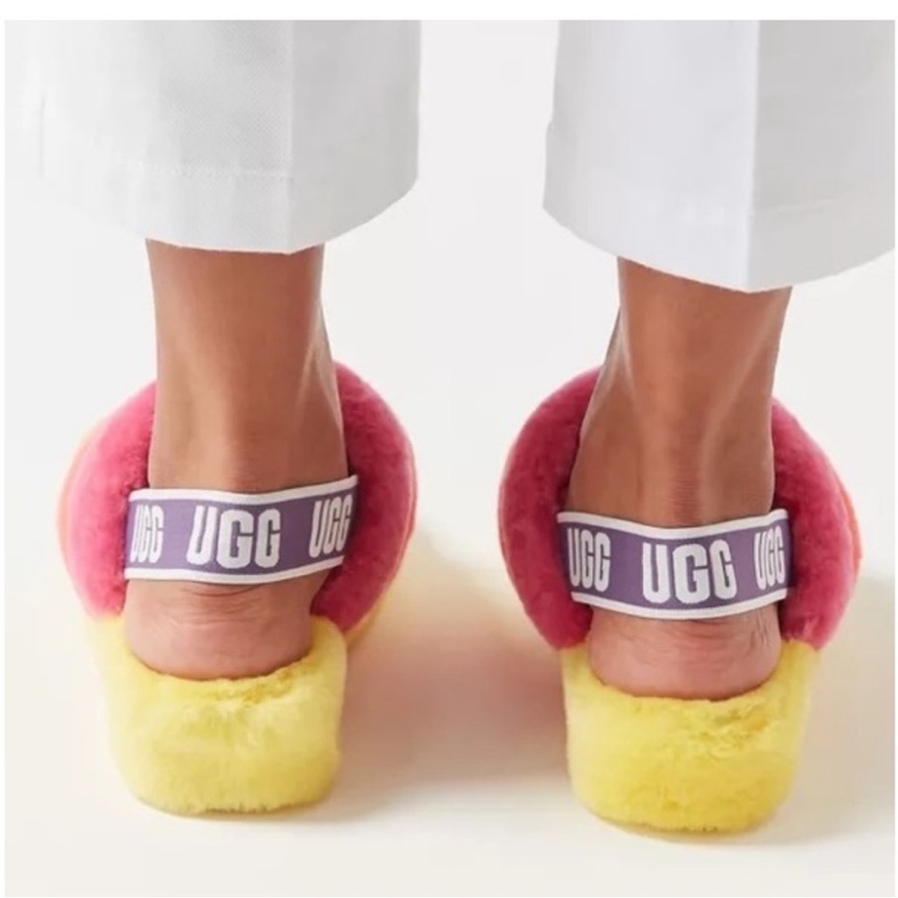 Ugg Fluff Yeah Rainbow Yellow Slide Slipper Platform Colorful Bright Happy Cozy - Picture 3 of 11